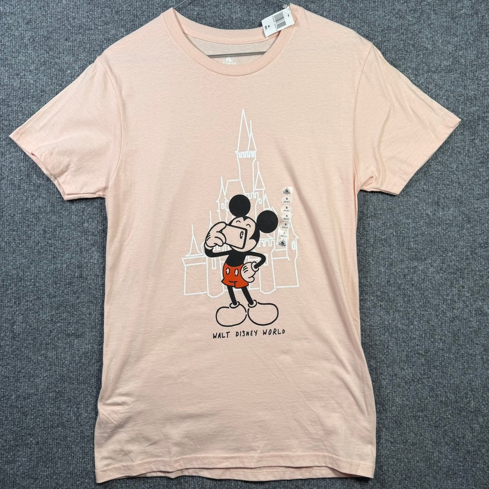 Disney Mickey Mouse Selfie Castle T-Shirt Adult Small Peach Graphic Tee NEW